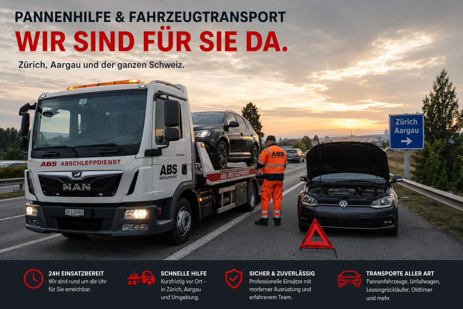 Panne oder Fahrzeugtransport in Zürich und Aargau – schnelle Hilfe mit ABS Abschleppdienst